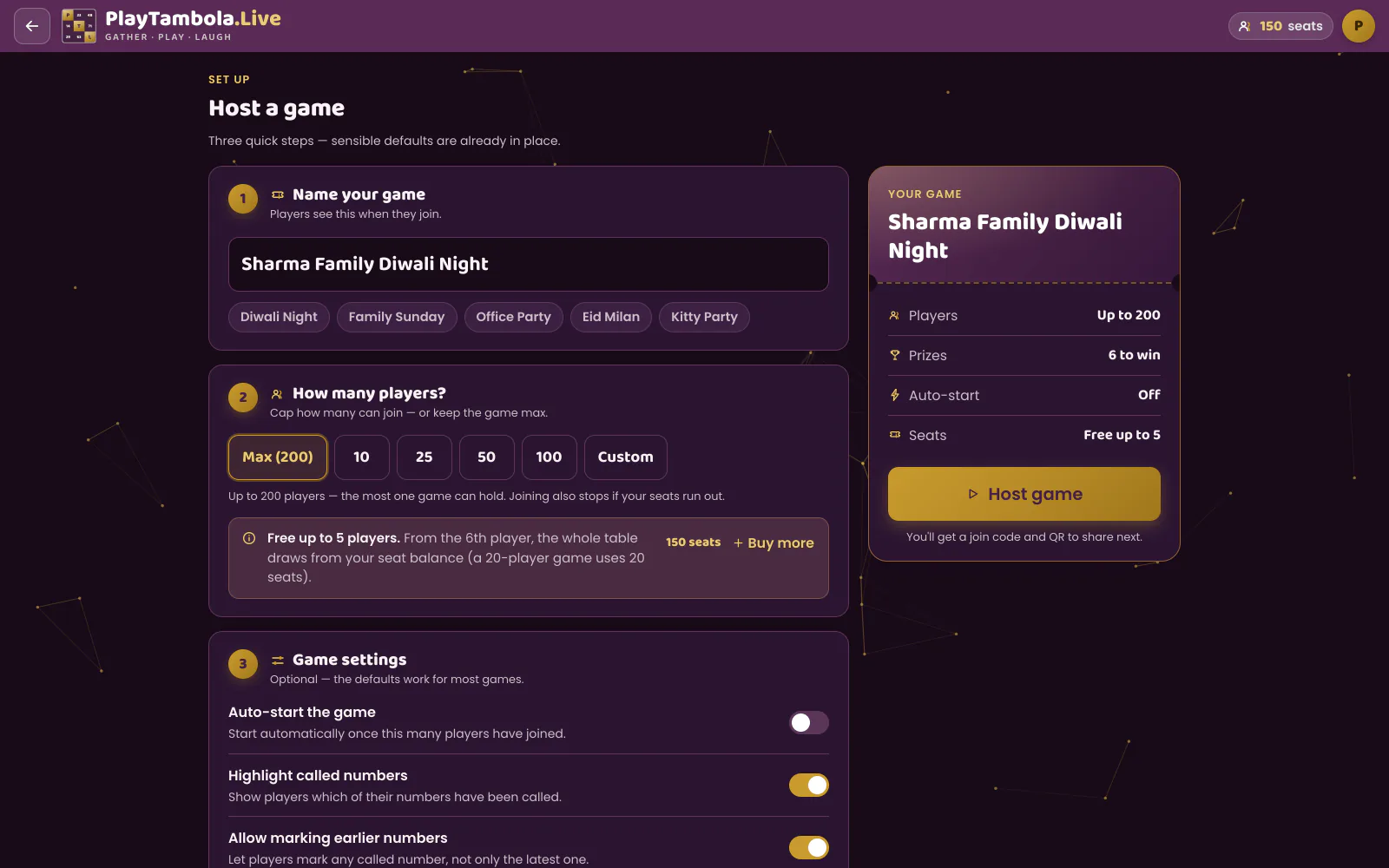 Host game setup screen with prize and capacity settings