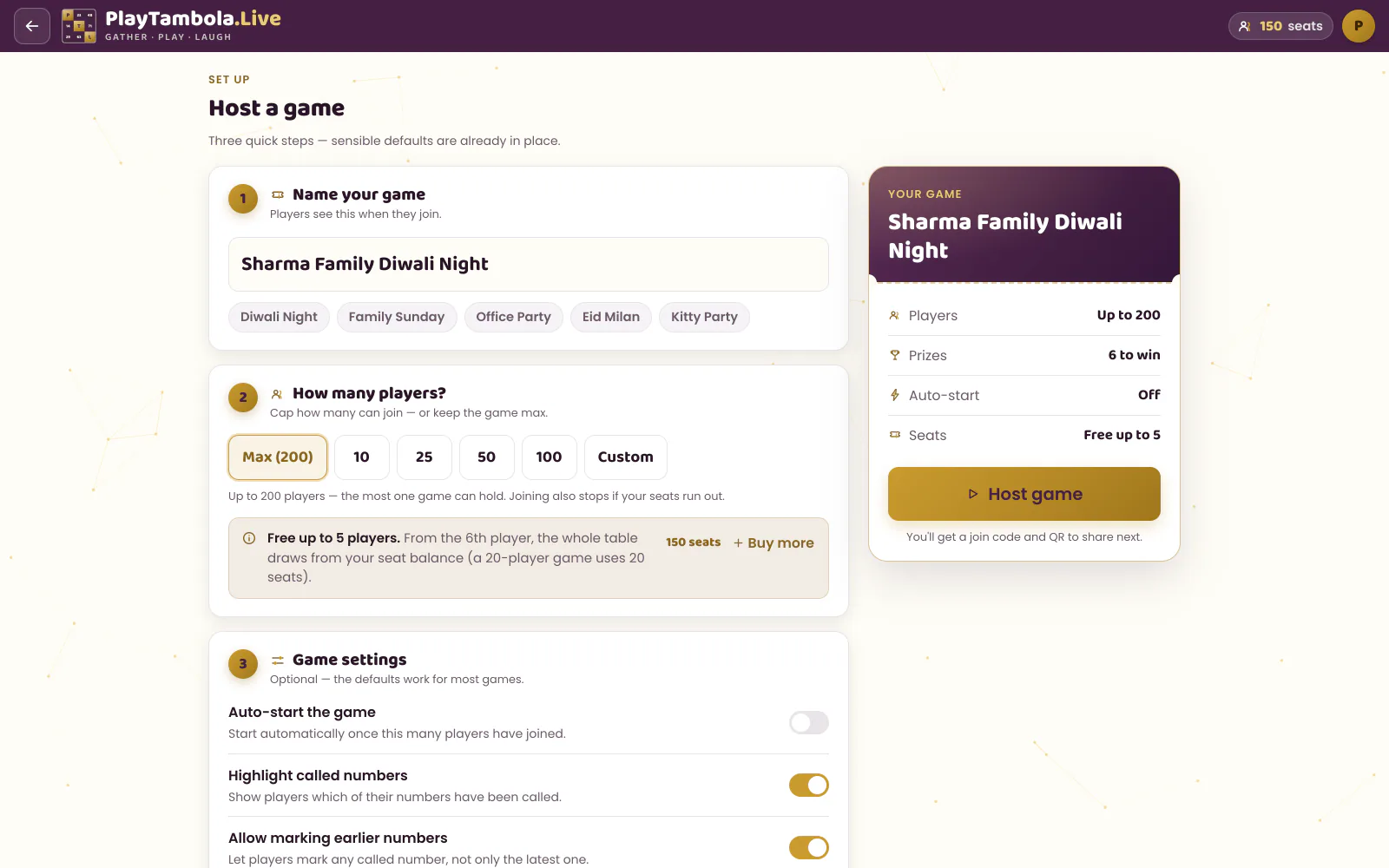 Host game setup screen with prize and capacity settings
