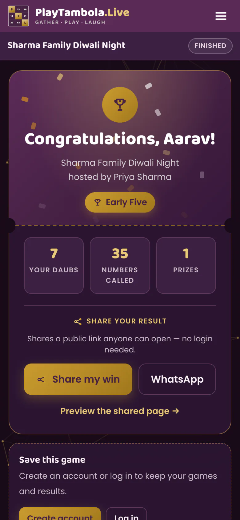 Phone end-of-game screen with results