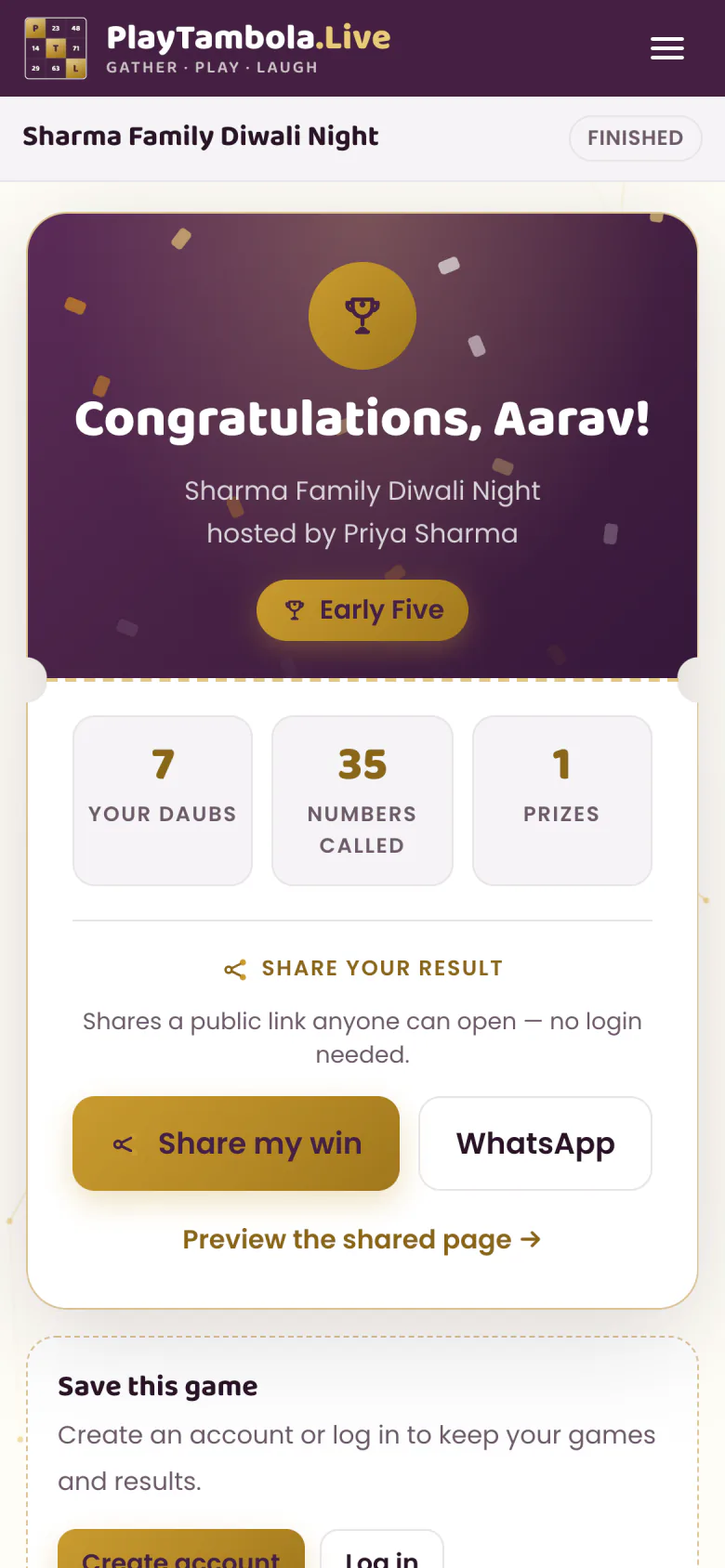 Phone end-of-game screen with results