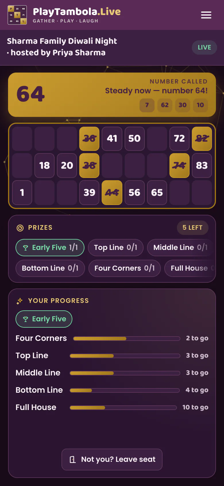 A player’s tambola ticket on a phone, with called numbers tapped and crossed off