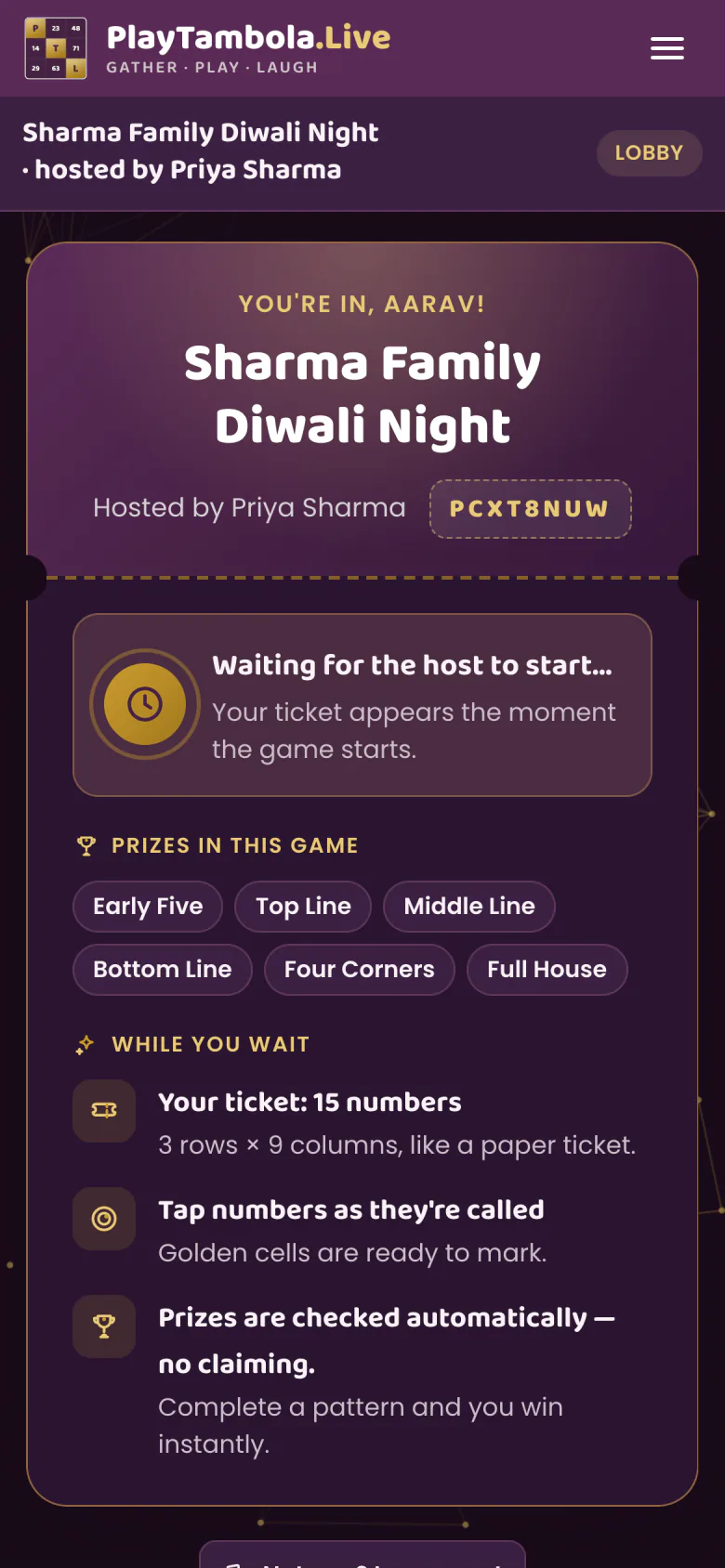 Phone waiting room showing the player’s ticket before the game starts