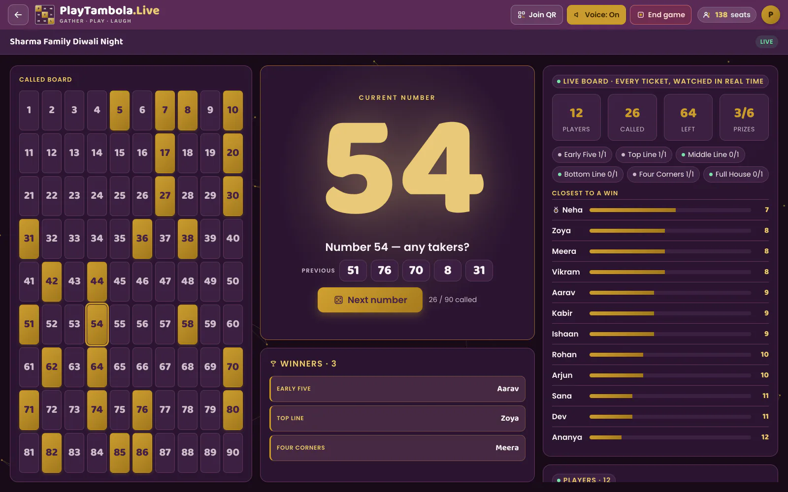PlayTambola.Live big-screen view during a live game: the called number shown huge with the board of called numbers