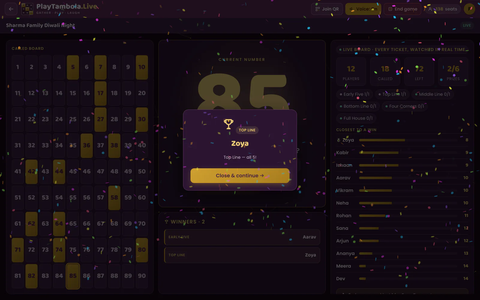 Big-screen winner celebration with confetti and the winner’s name